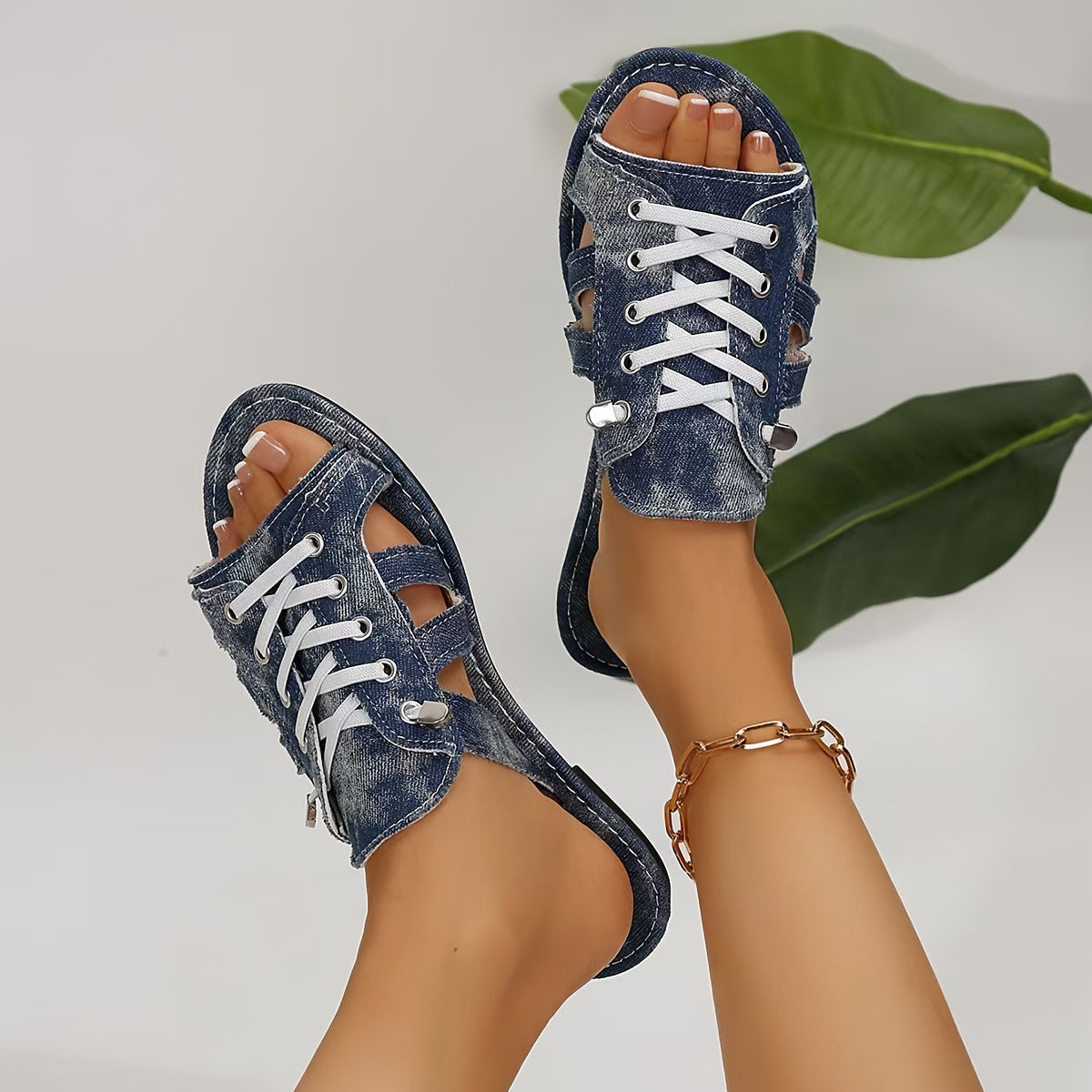 1 Pair Women'S Fashion Denim Flat Sandals