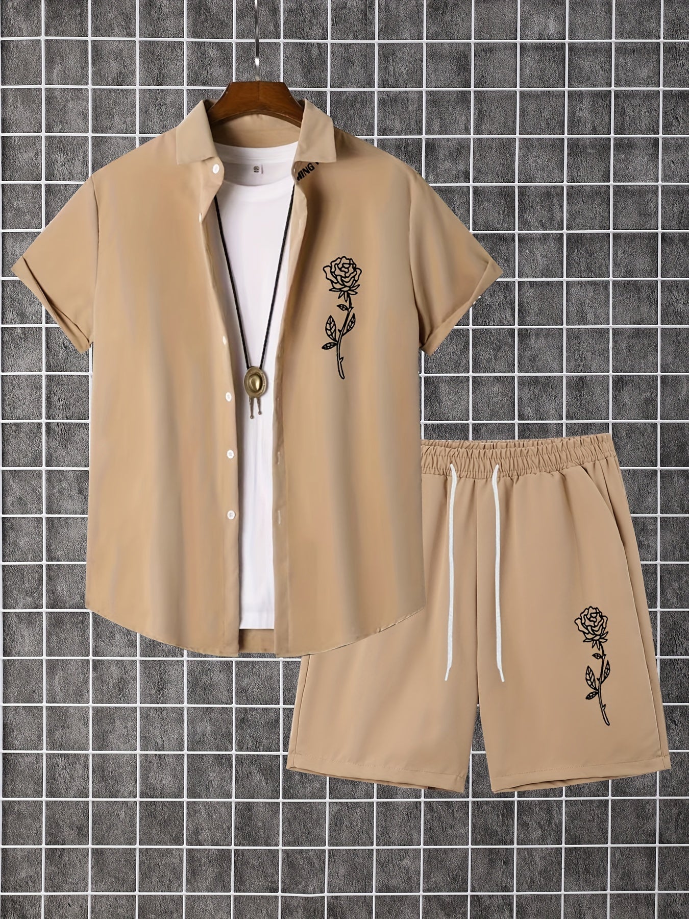 Men'S 2pcs Summer Set, Casual Print Short Sleeve Button- Shirt and Shorts