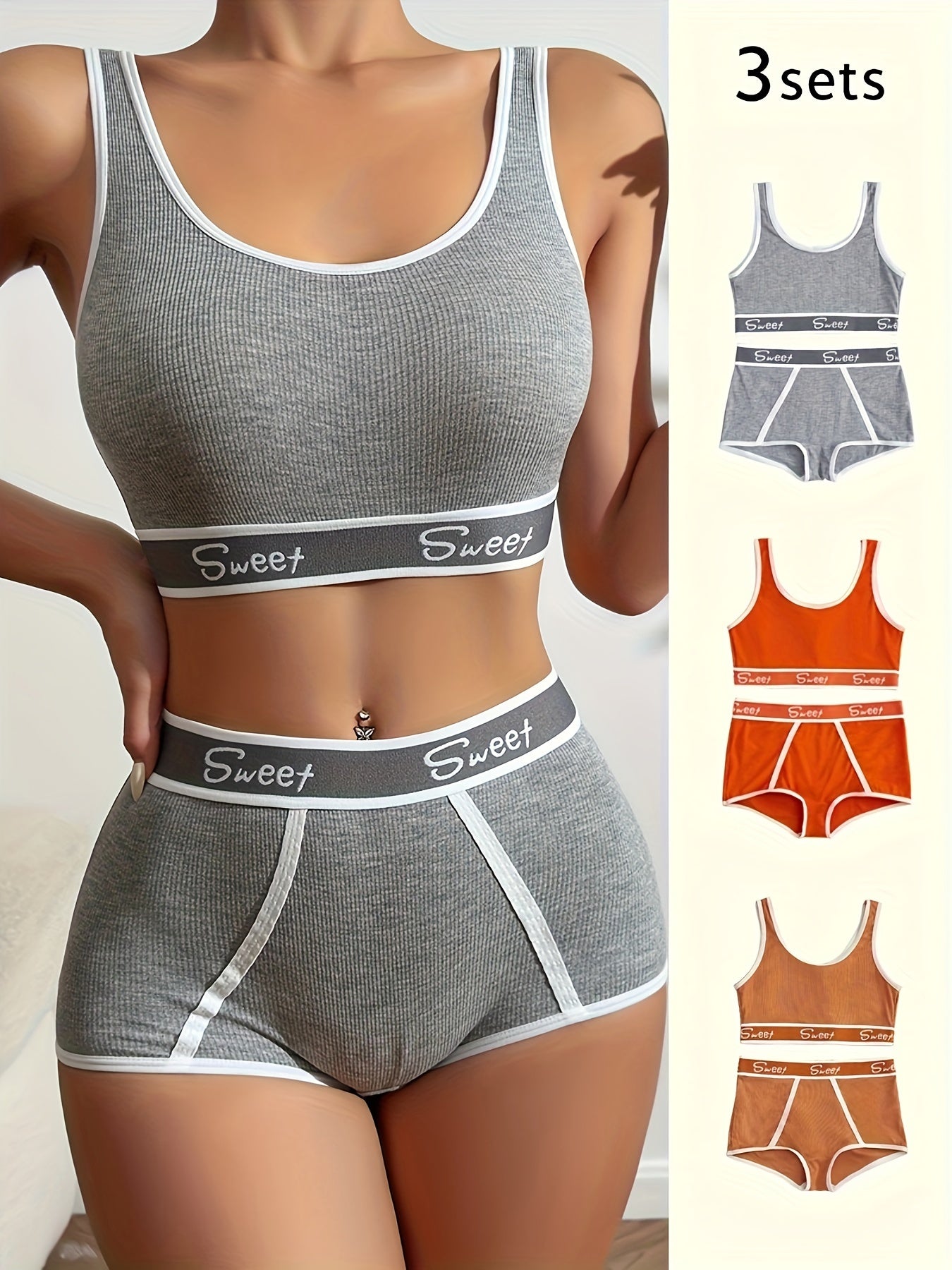 3 Set Sporty Letter Contrast Trim Bra & Shorts Panty