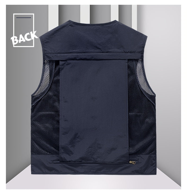 Men's Trendy Zip Up V Neck Vest With Zipper Multi-Pocket