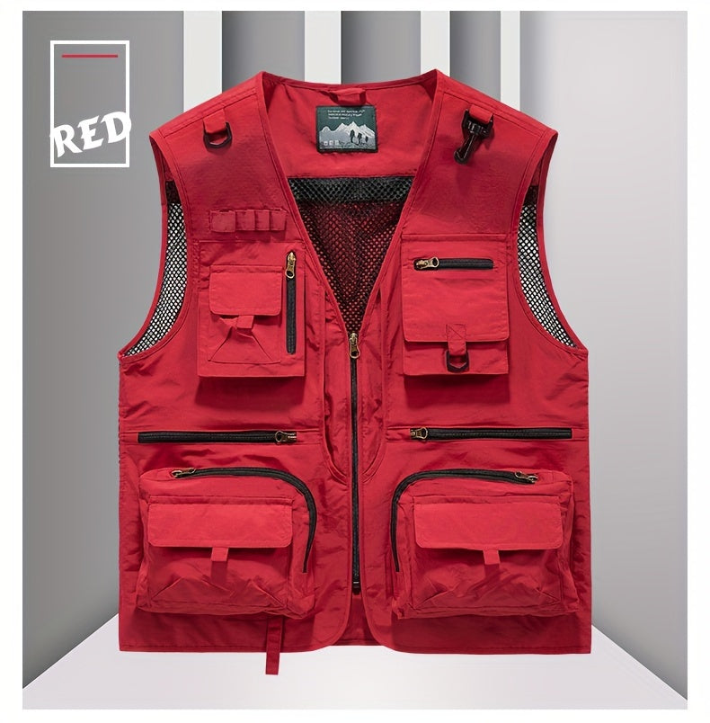 Men's Trendy Zip Up V Neck Vest With Zipper Multi-Pocket