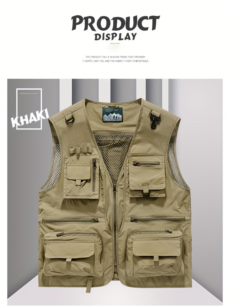 Men's Trendy Zip Up V Neck Vest With Zipper Multi-Pocket