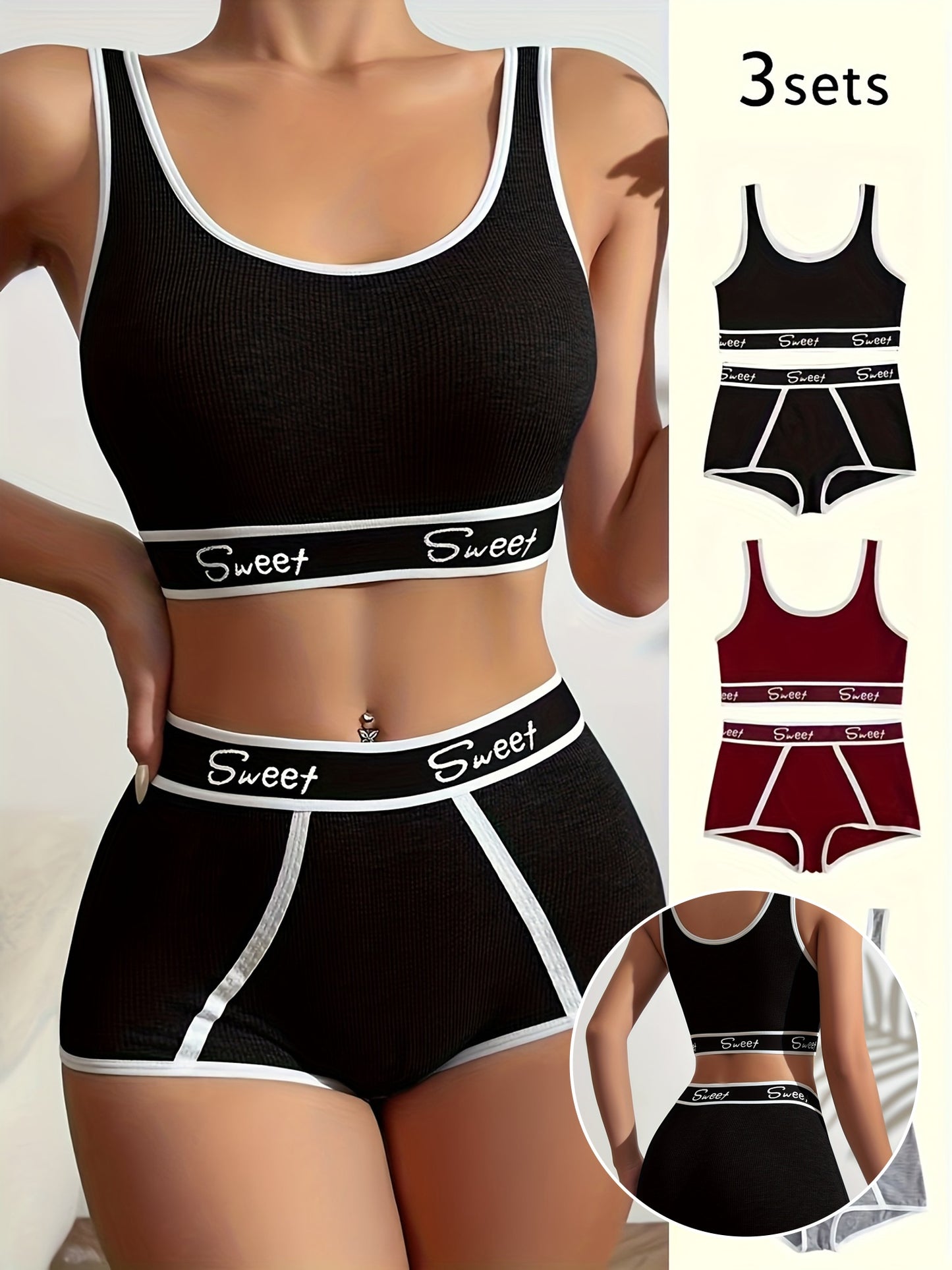 3 Set Sporty Letter Contrast Trim Bra & Shorts Panty