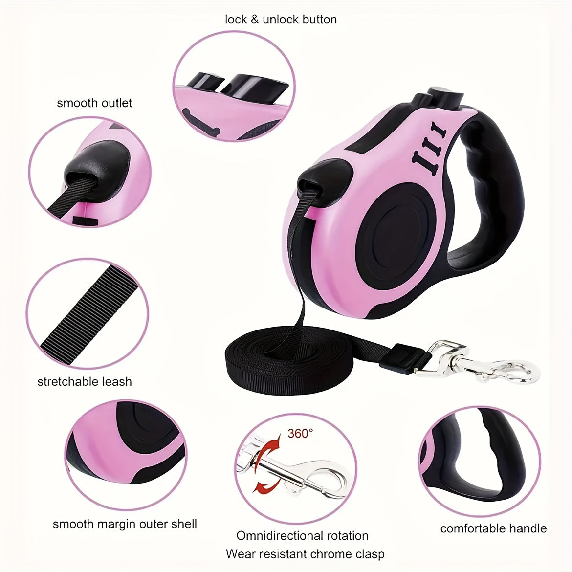 Durable Dual-Button Retractable Dog Leash, Polyamide Material