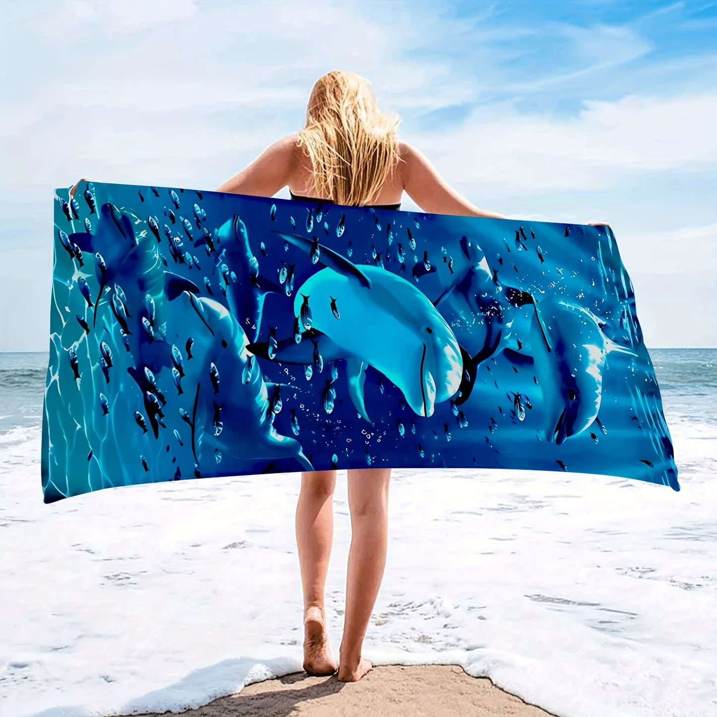 Extra-Large Microfiber Beach Towel with Vibrant Dolphin & Fish Design