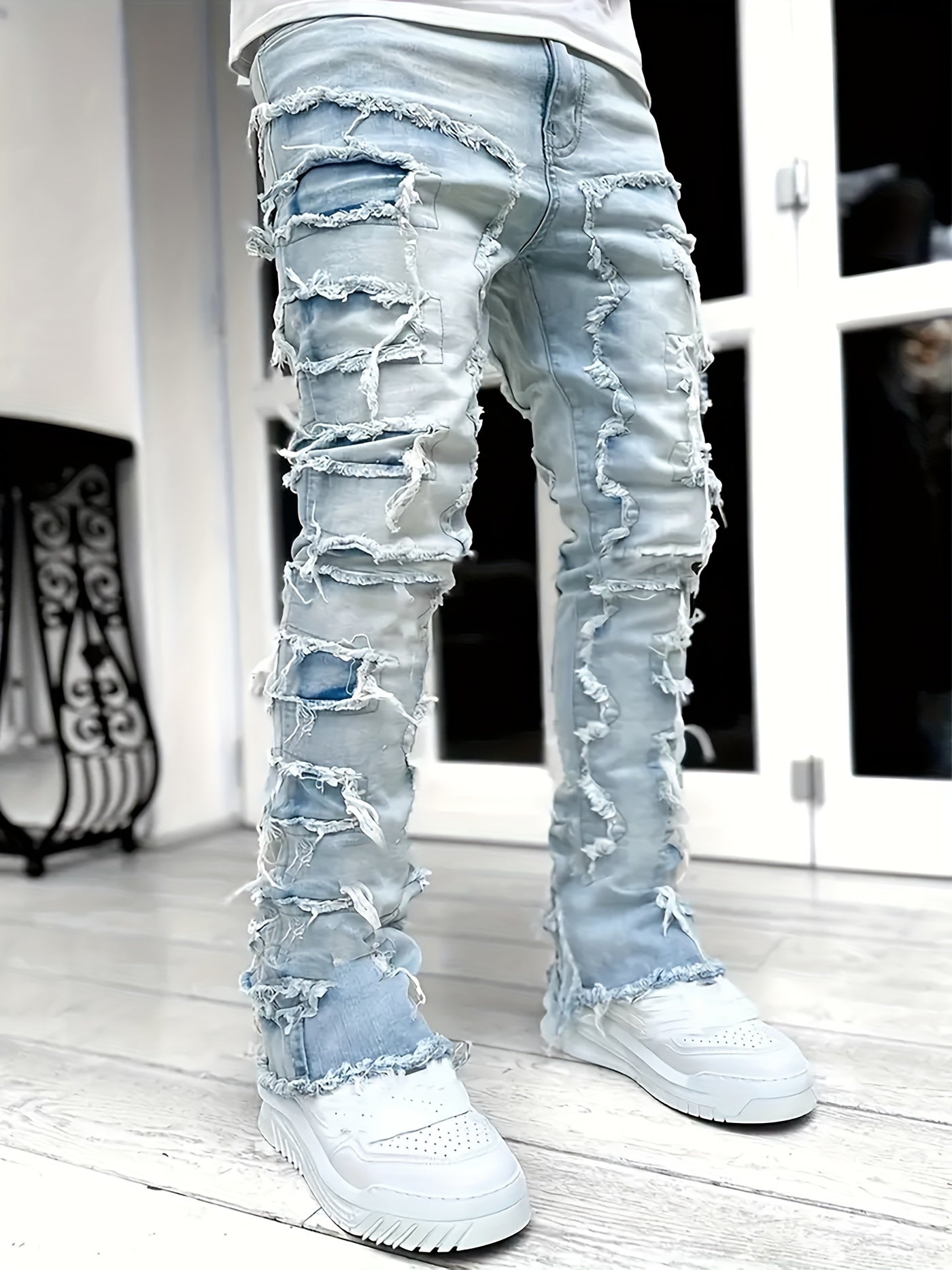 Creative Raw Trim Jeans, Men's Casual Street Style Medium Stretch Denim Pants