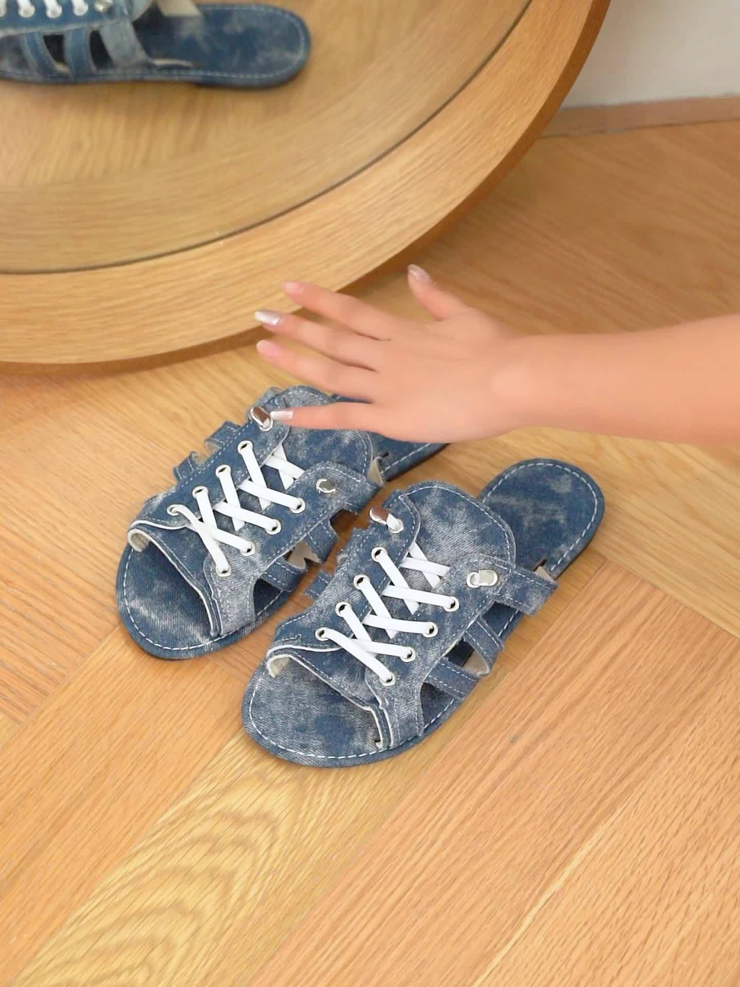 1 Pair Women'S Fashion Denim Flat Sandals