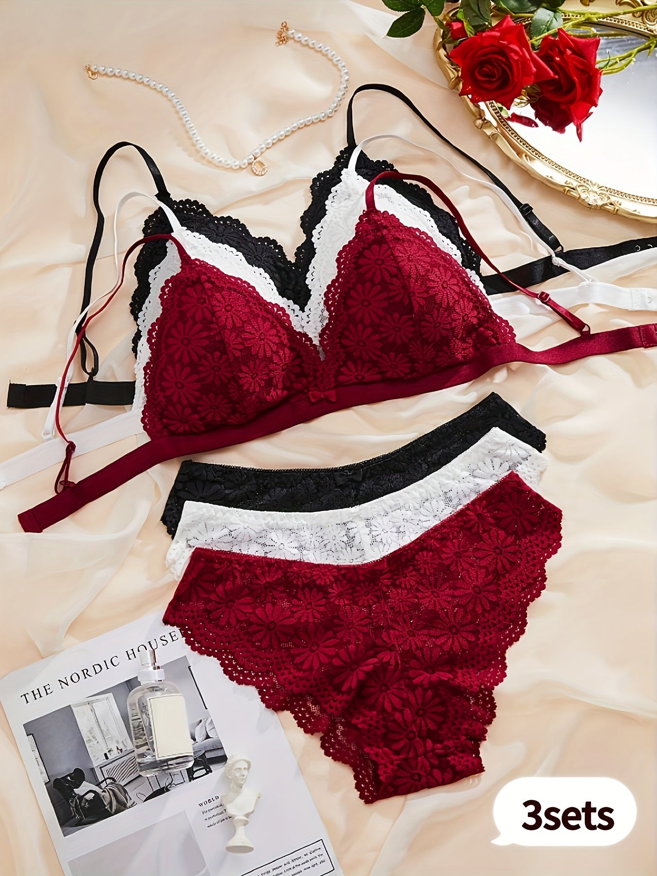 3pcs Comfortable & Breathable Lace Bra Set with Scallop Embellishments