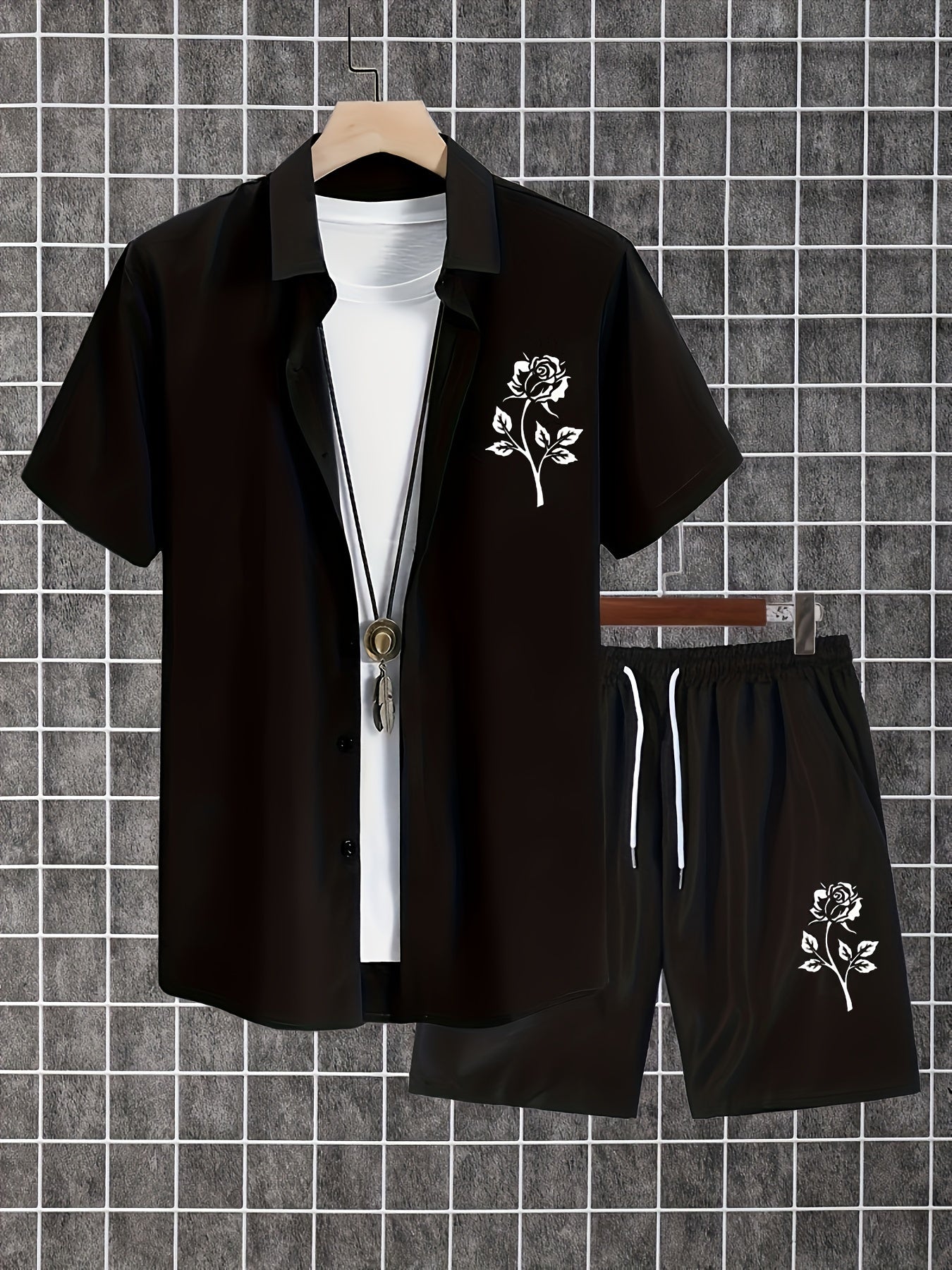 Men'S 2pcs Summer Set, Casual Print Short Sleeve Button- Shirt and Shorts