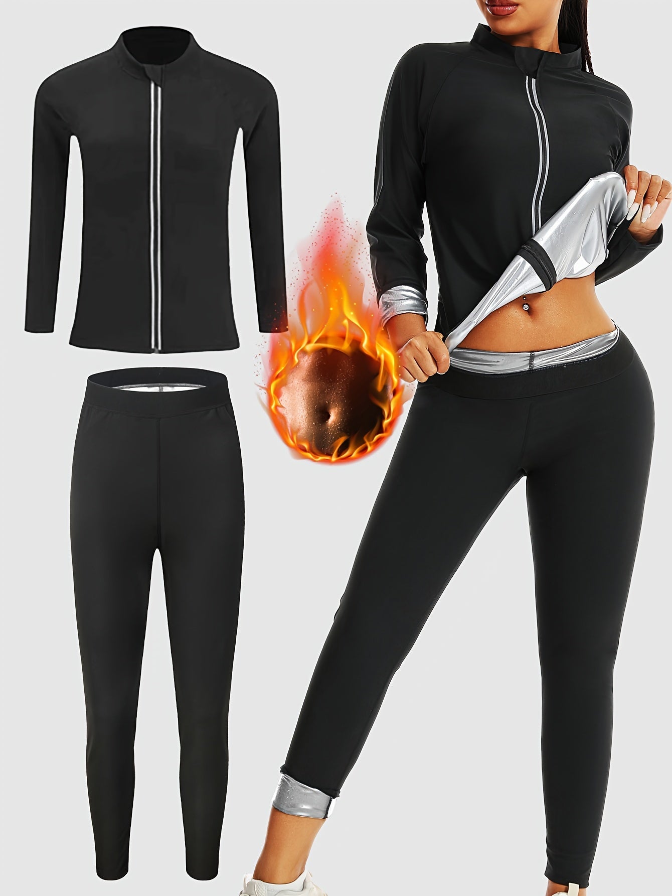 Women's Sauna Sweat Suit Set - Long Sleeve Zip-Up Jacket & Pants