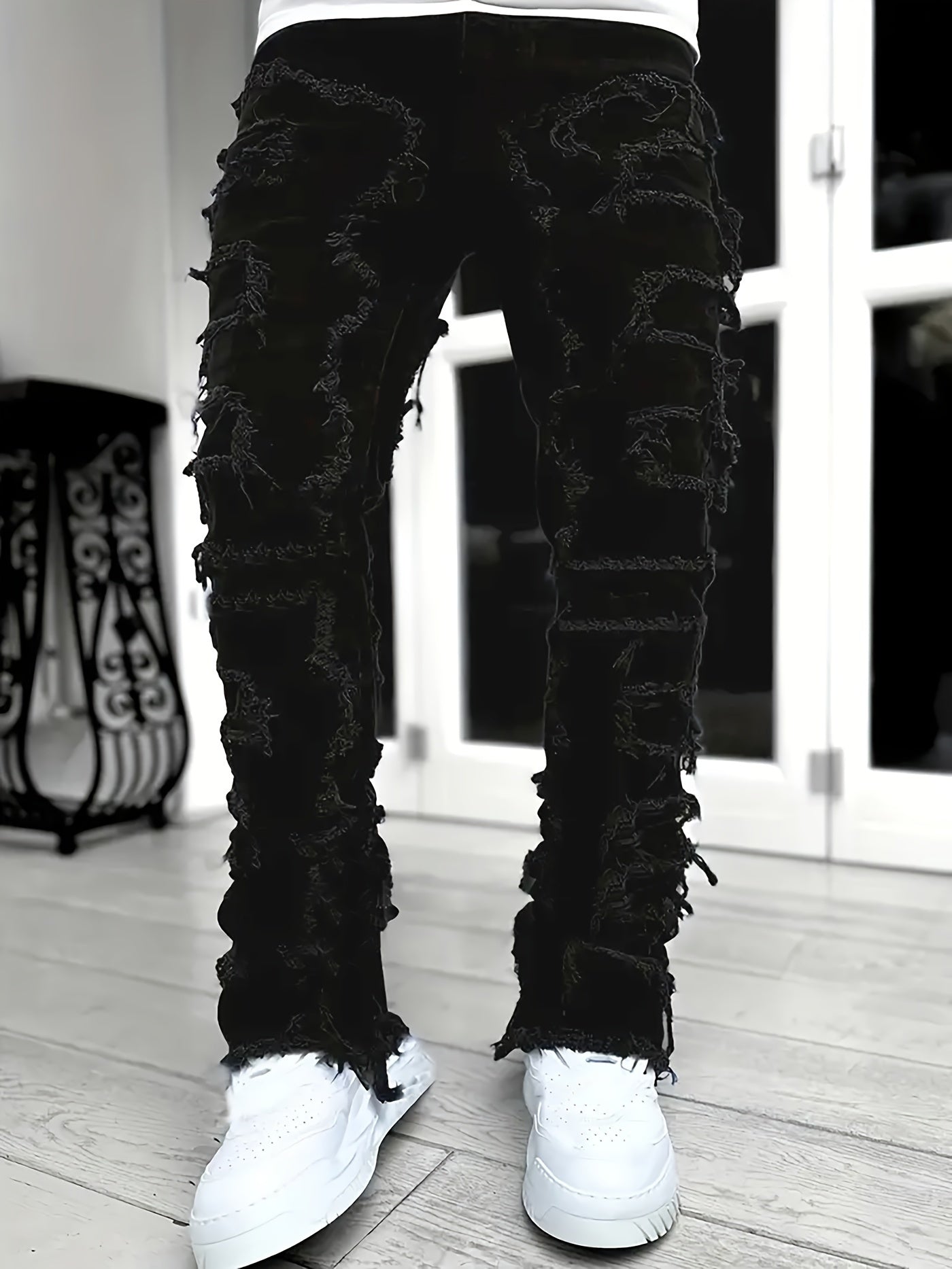 Creative Raw Trim Jeans, Men's Casual Street Style Medium Stretch Denim Pants