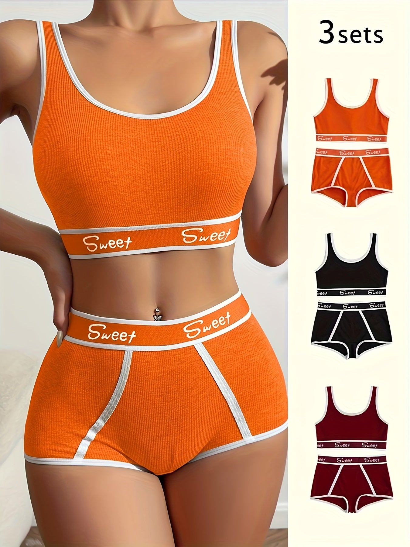 3 Set Sporty Letter Contrast Trim Bra & Shorts Panty