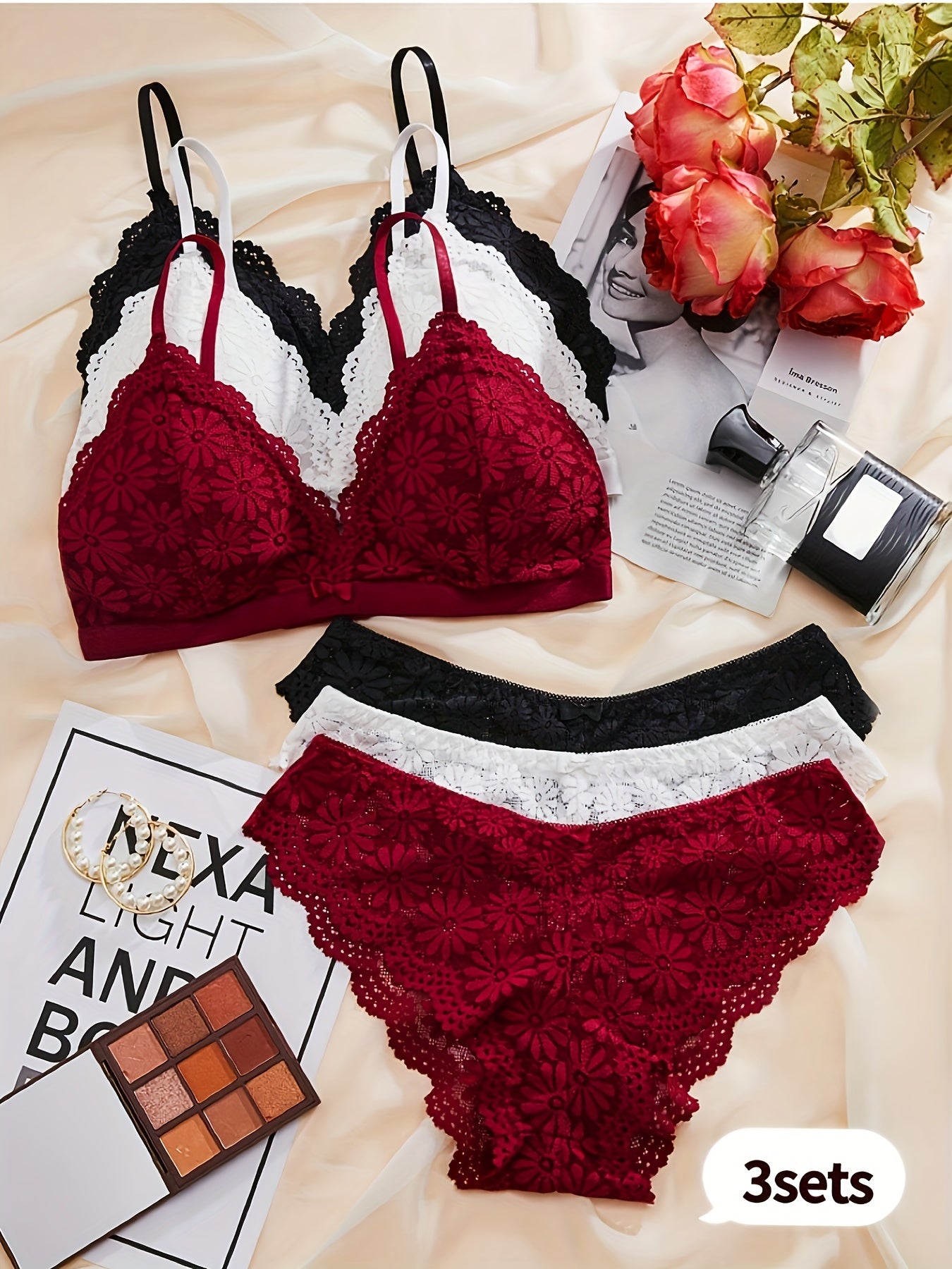 3pcs Comfortable & Breathable Lace Bra Set with Scallop Embellishments