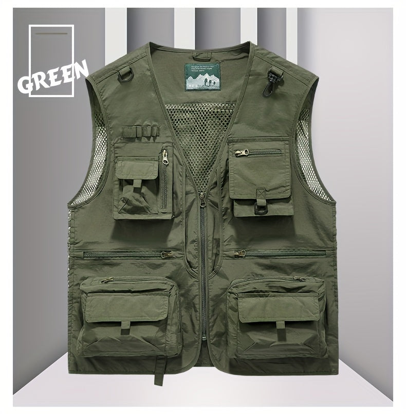 Men's Trendy Zip Up V Neck Vest With Zipper Multi-Pocket