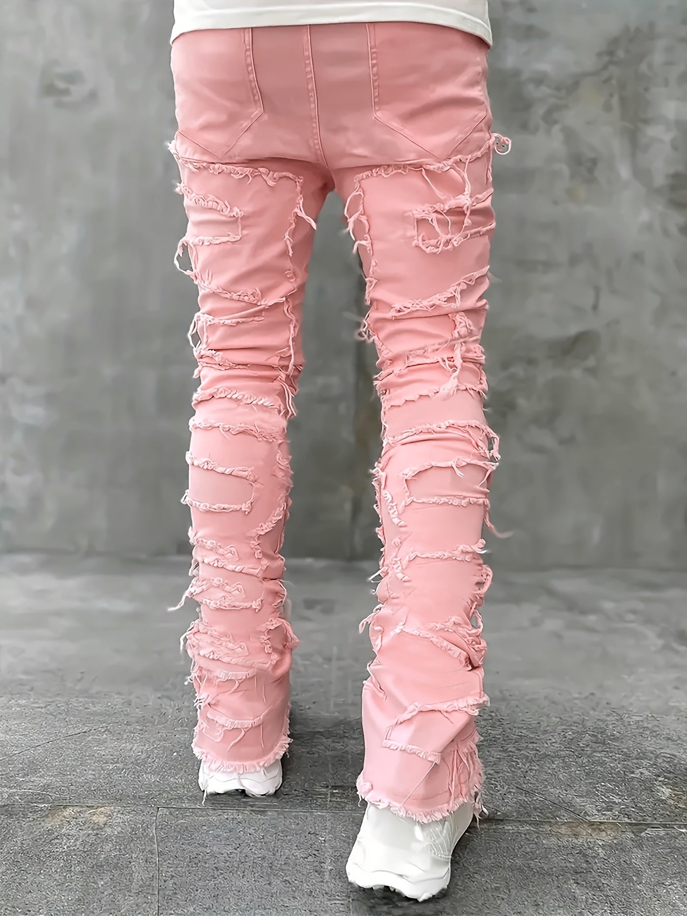 Creative Raw Trim Jeans, Men's Casual Street Style Medium Stretch Denim Pants