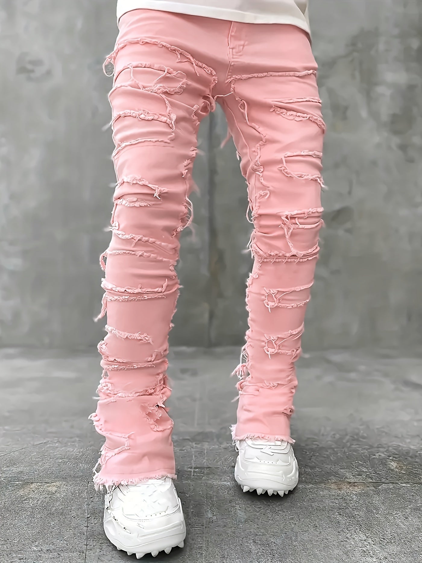 Creative Raw Trim Jeans, Men's Casual Street Style Medium Stretch Denim Pants