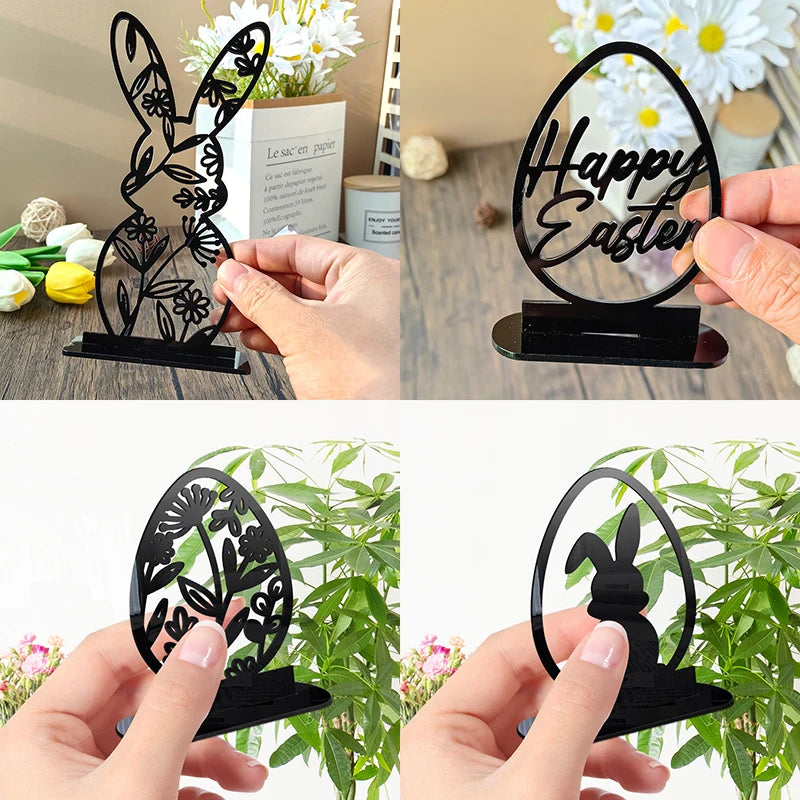 1PC Hollow Out Easter Rabbit Egg Black Acrylic Table Ornament