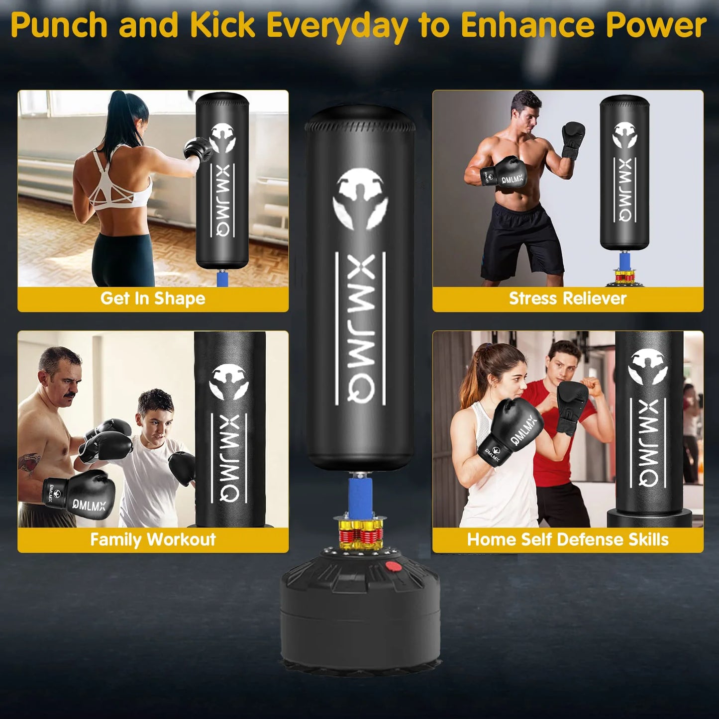 Standing boxing post with gloves, home fighting training sandbag
