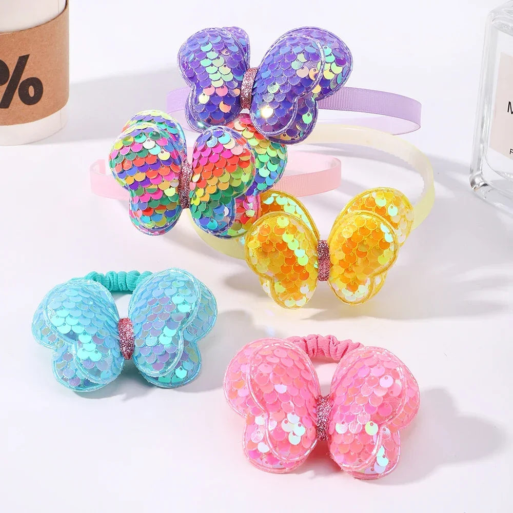 2Pcs Hairbands Hair Ties Set Girls Shiny Butterfly