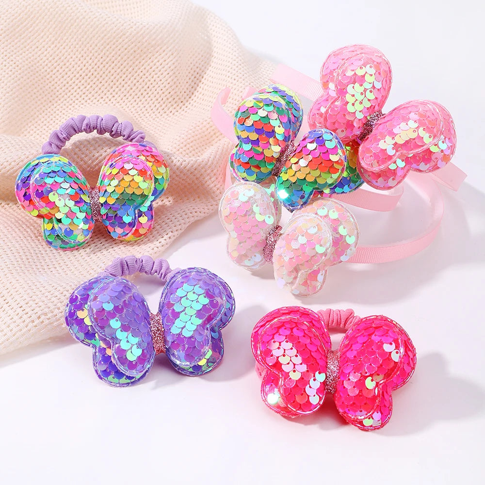 2Pcs Hairbands Hair Ties Set Girls Shiny Butterfly
