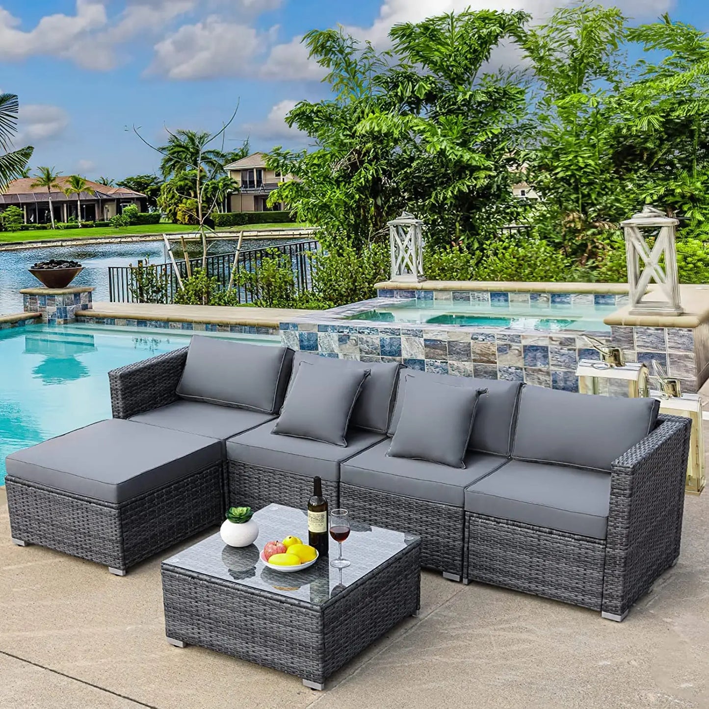 6PCS Rattan Garden Corner Sofa Set Outdoor