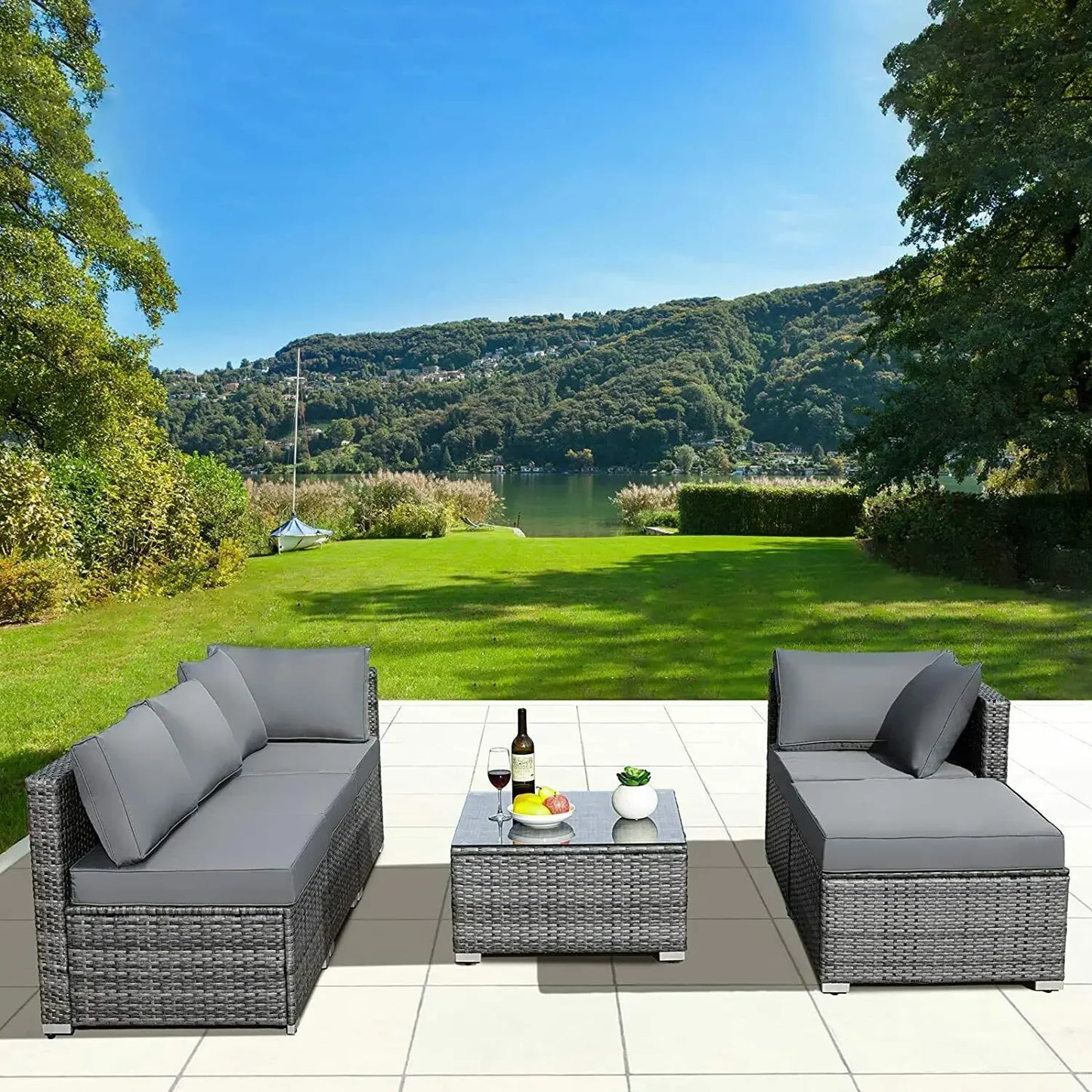 6PCS Rattan Garden Corner Sofa Set Outdoor