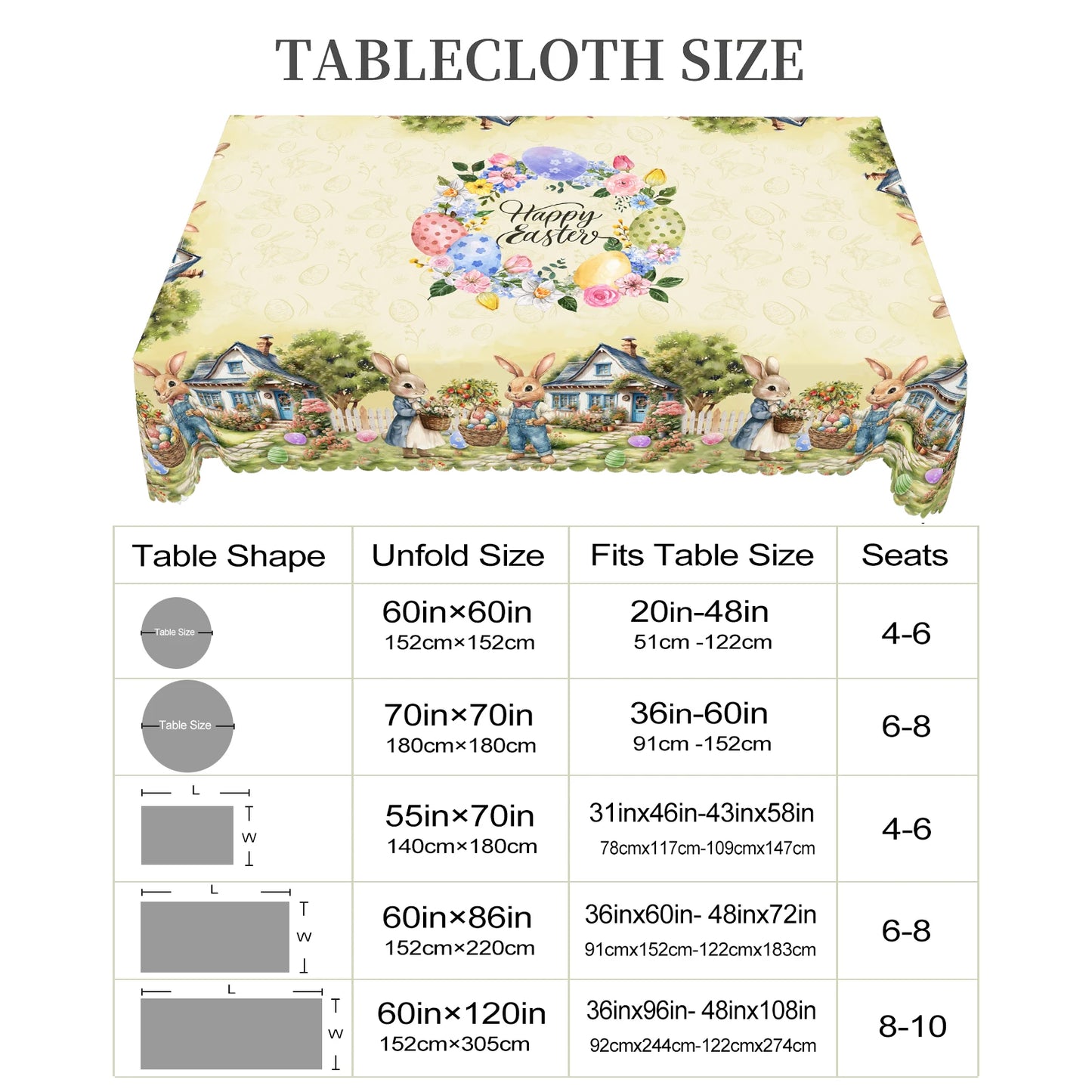 1 Easter Round Tablecloth, 5 Sizes Available, Easter Bunny Egg Printed