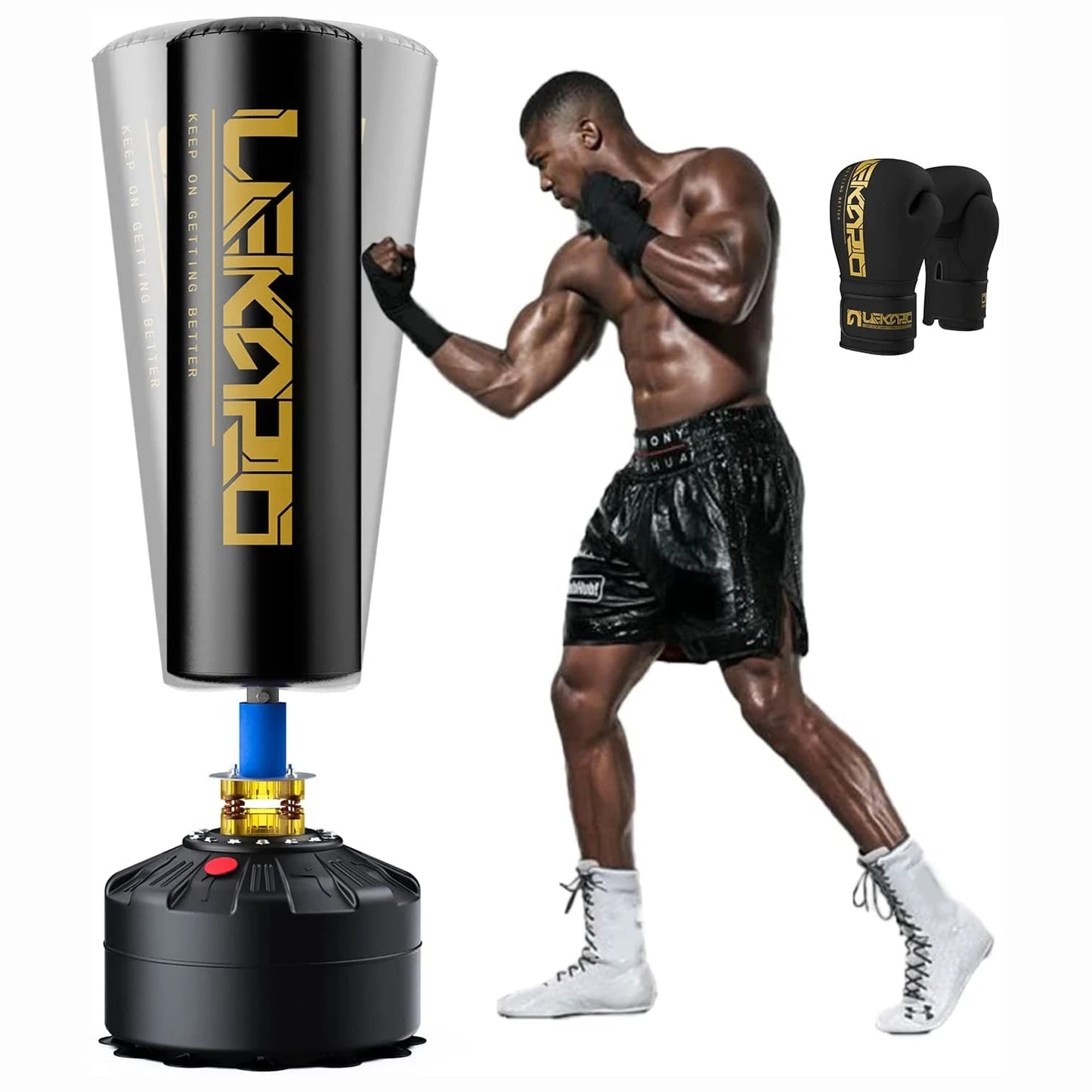 Standing boxing post with gloves, home fighting training sandbag