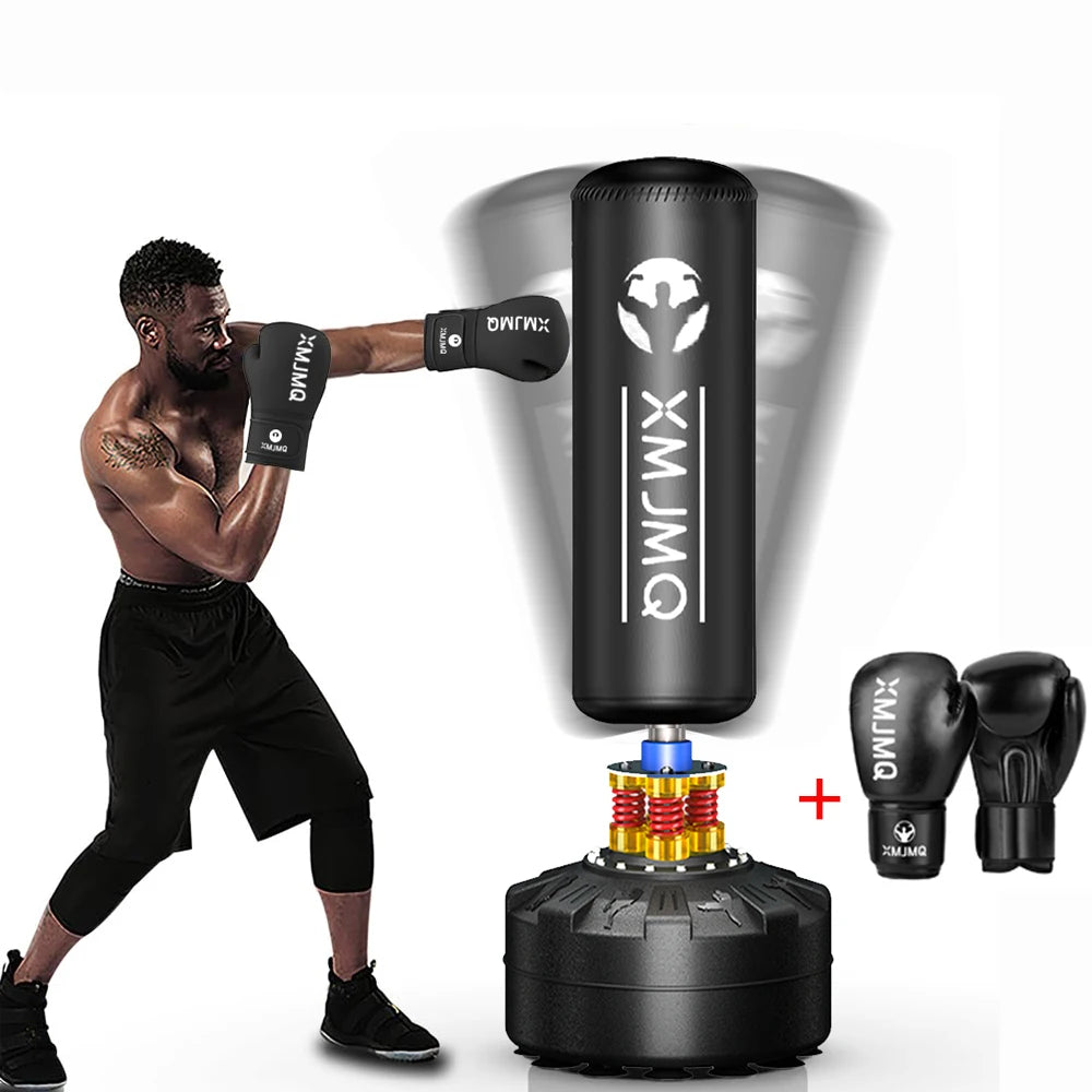 Standing boxing post with gloves, home fighting training sandbag