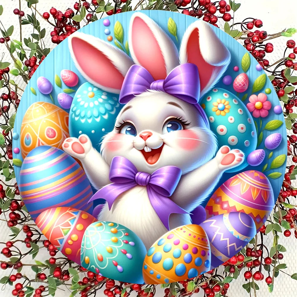1 Easter rabbit wooden logo, 7.8x 7.8 inch round wreath decoration sign