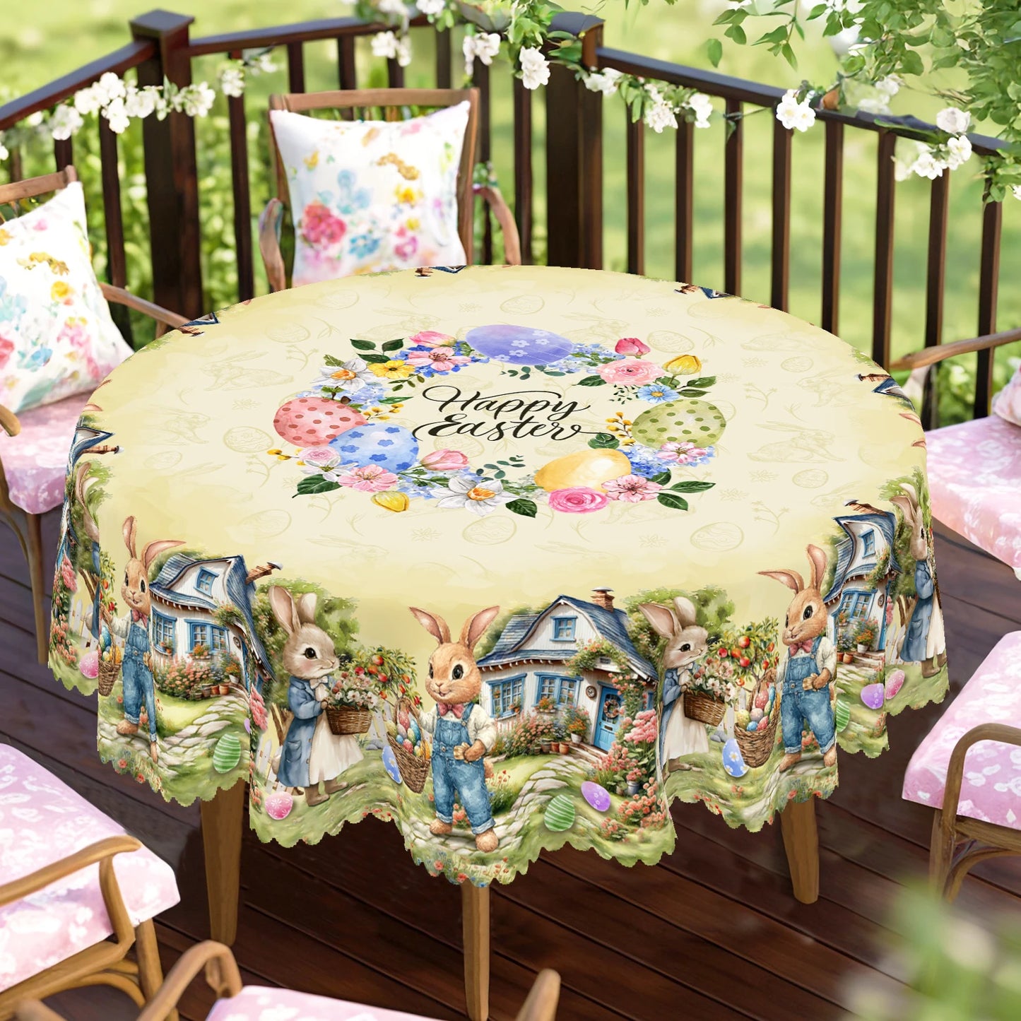 1 Easter Round Tablecloth, 5 Sizes Available, Easter Bunny Egg Printed