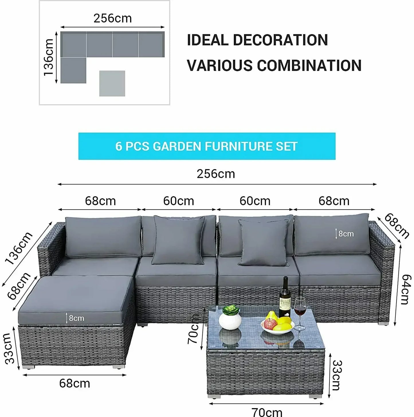 6PCS Rattan Garden Corner Sofa Set Outdoor