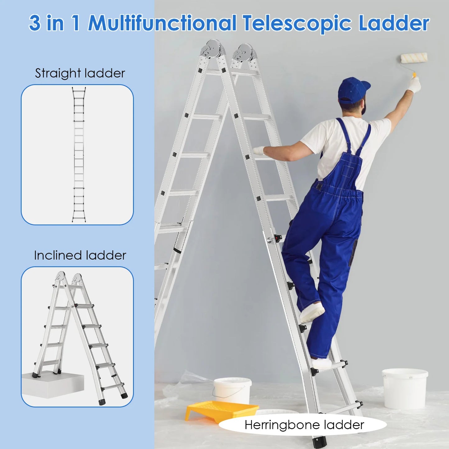 Telescoping Extension Ladder 4.8M Aluminum 150kg Max Capacity