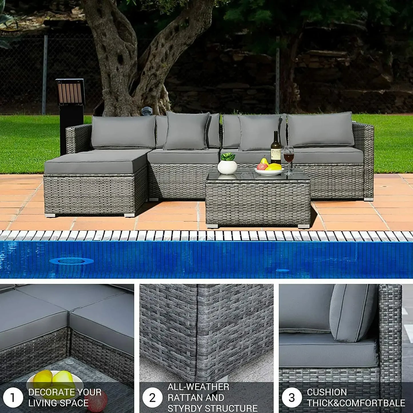 6PCS Rattan Garden Corner Sofa Set Outdoor