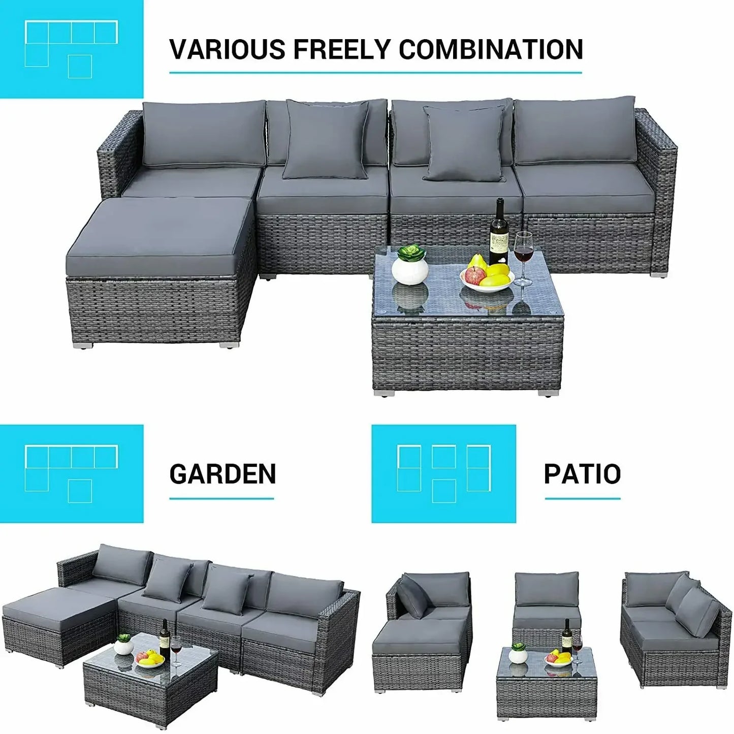 6PCS Rattan Garden Corner Sofa Set Outdoor