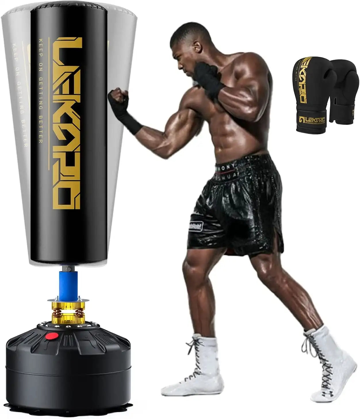 Standing boxing post with gloves, home fighting training sandbag