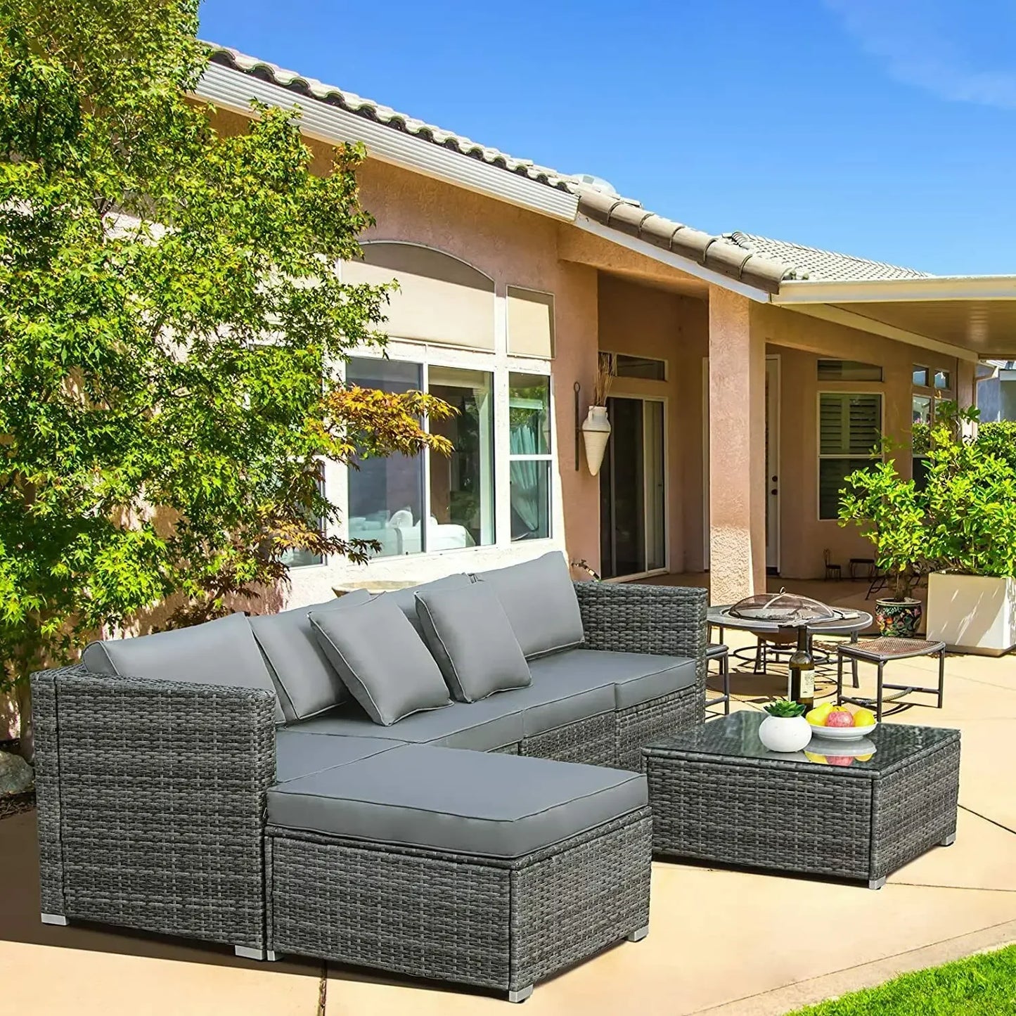 6PCS Rattan Garden Corner Sofa Set Outdoor