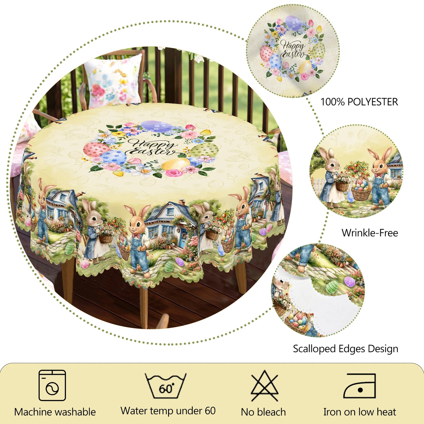 1 Easter Round Tablecloth, 5 Sizes Available, Easter Bunny Egg Printed