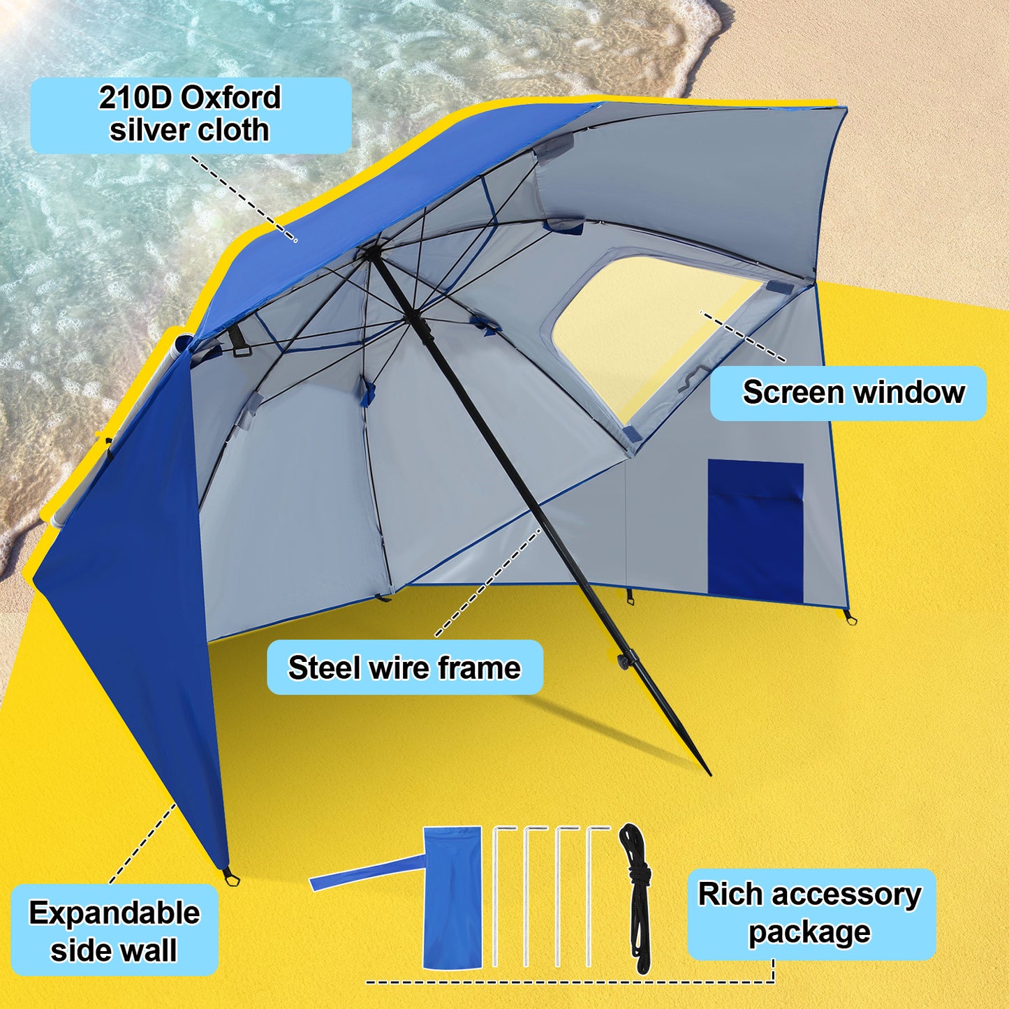 Parasols 2-in-1 Beach Tent Umbrella Heavy-Duty Sun Shelter