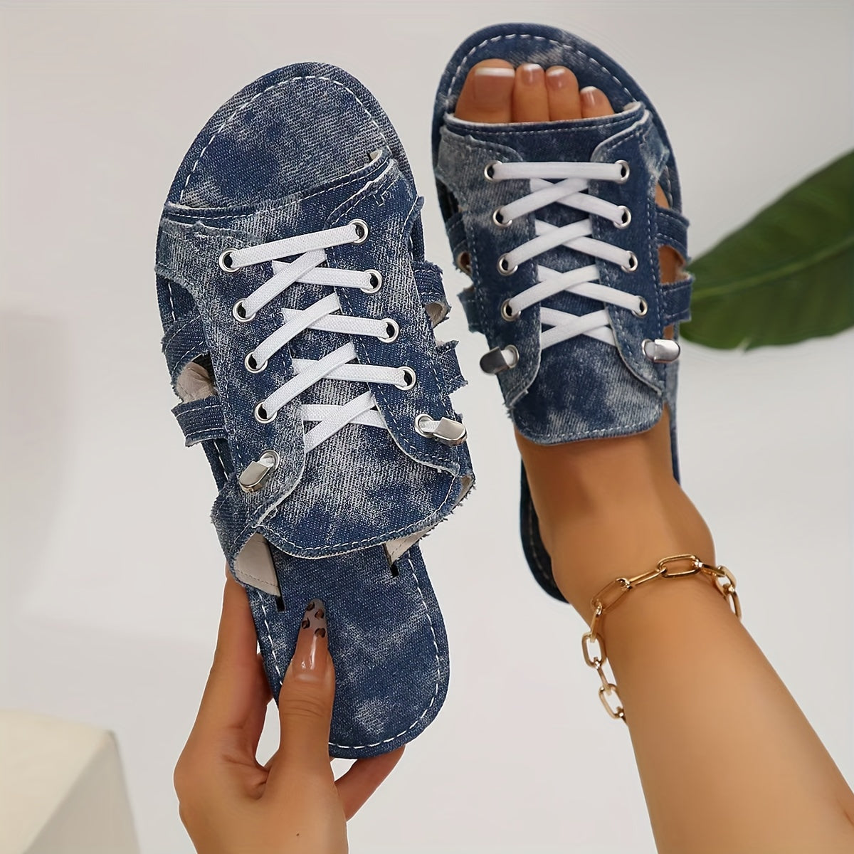 1 Pair Women'S Fashion Denim Flat Sandals