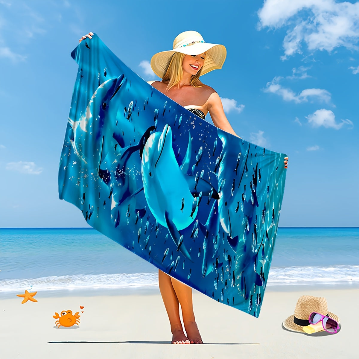 Extra-Large Microfiber Beach Towel with Vibrant Dolphin & Fish Design