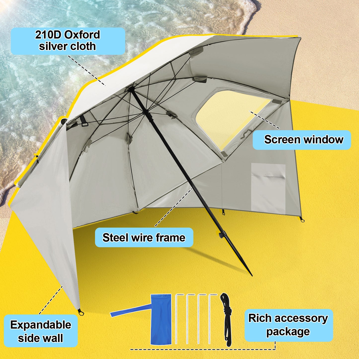 Parasols 2-in-1 Beach Tent Umbrella Heavy-Duty Sun Shelter