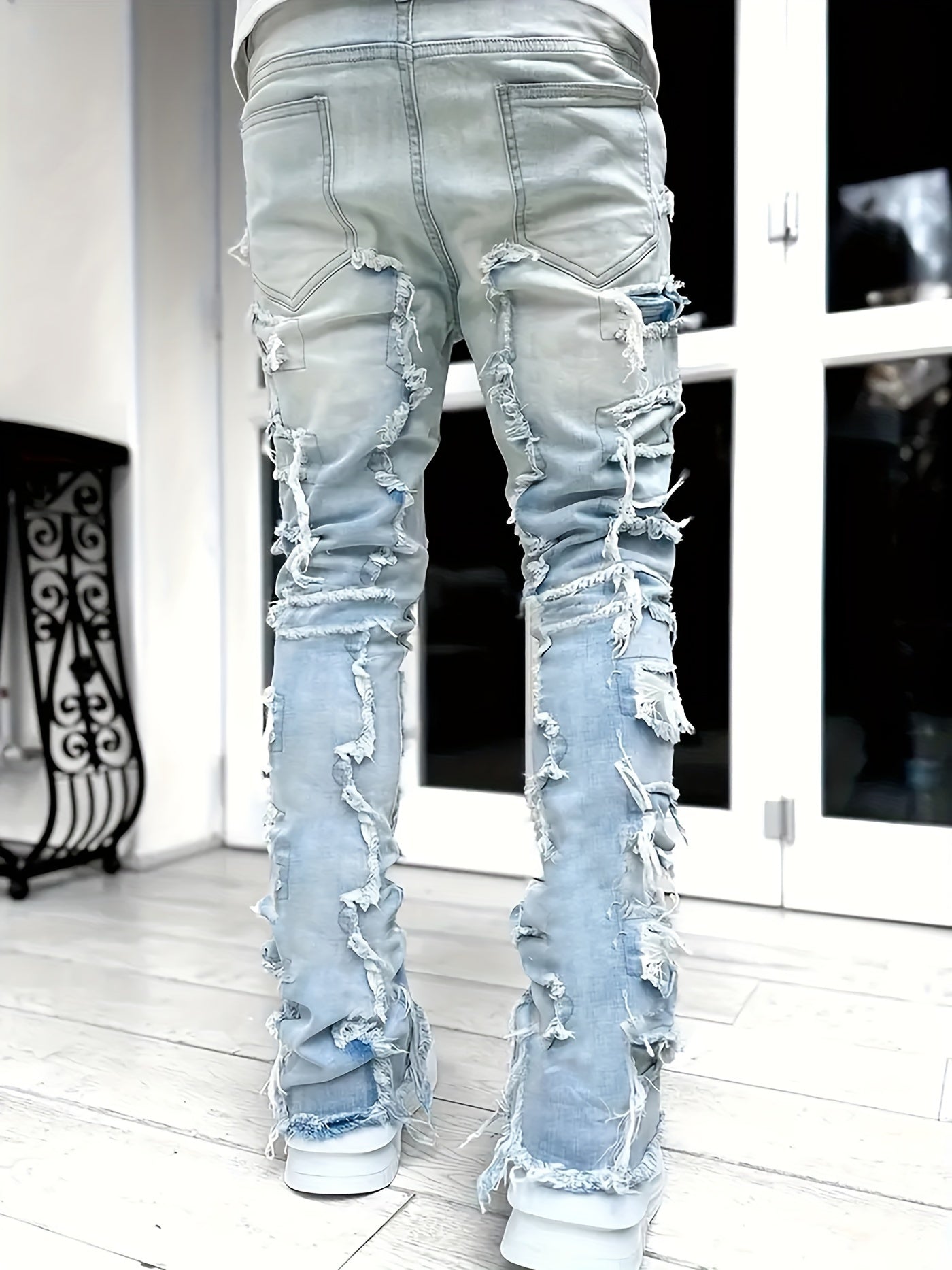 Creative Raw Trim Jeans, Men's Casual Street Style Medium Stretch Denim Pants