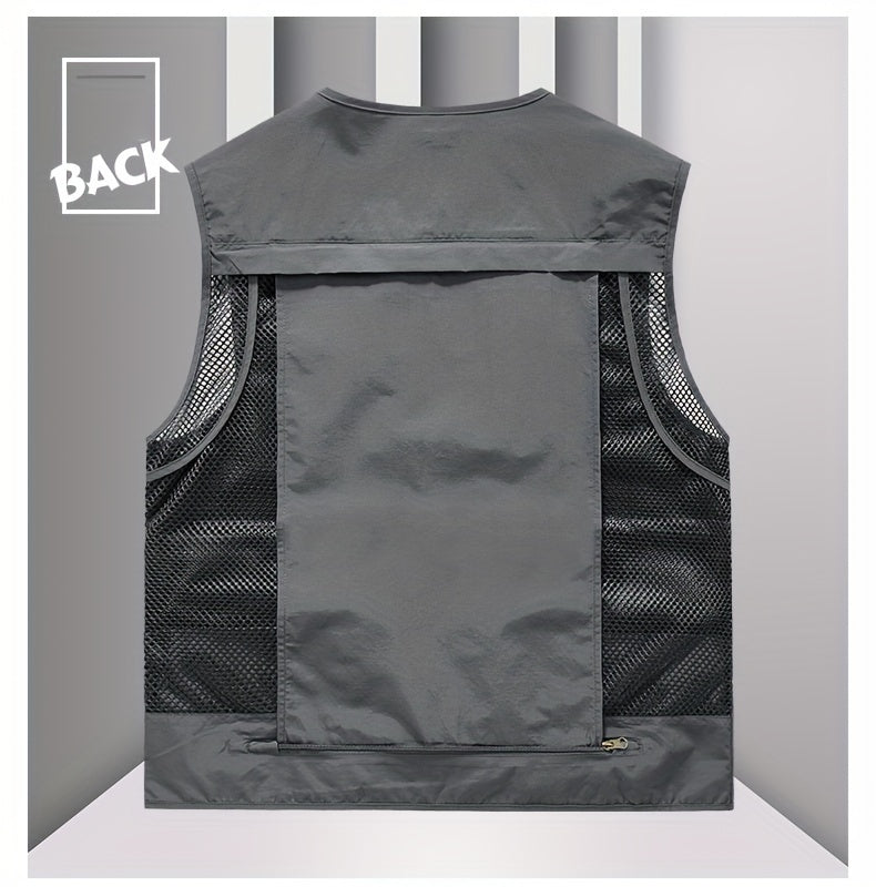 Men's Trendy Zip Up V Neck Vest With Zipper Multi-Pocket