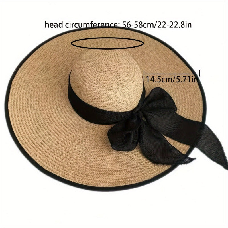 Elegant Women's Straw Sun Hat with Black Ribbon Bow