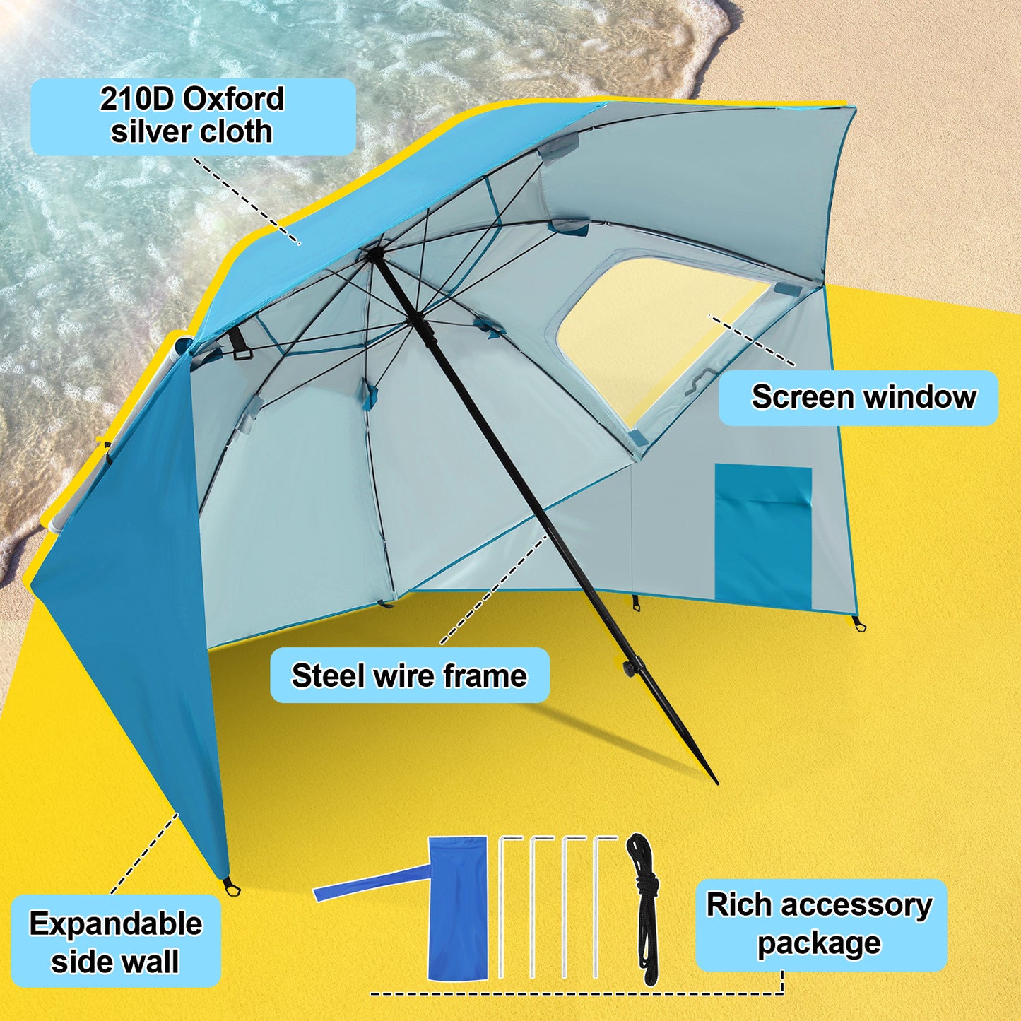 Parasols 2-in-1 Beach Tent Umbrella Heavy-Duty Sun Shelter