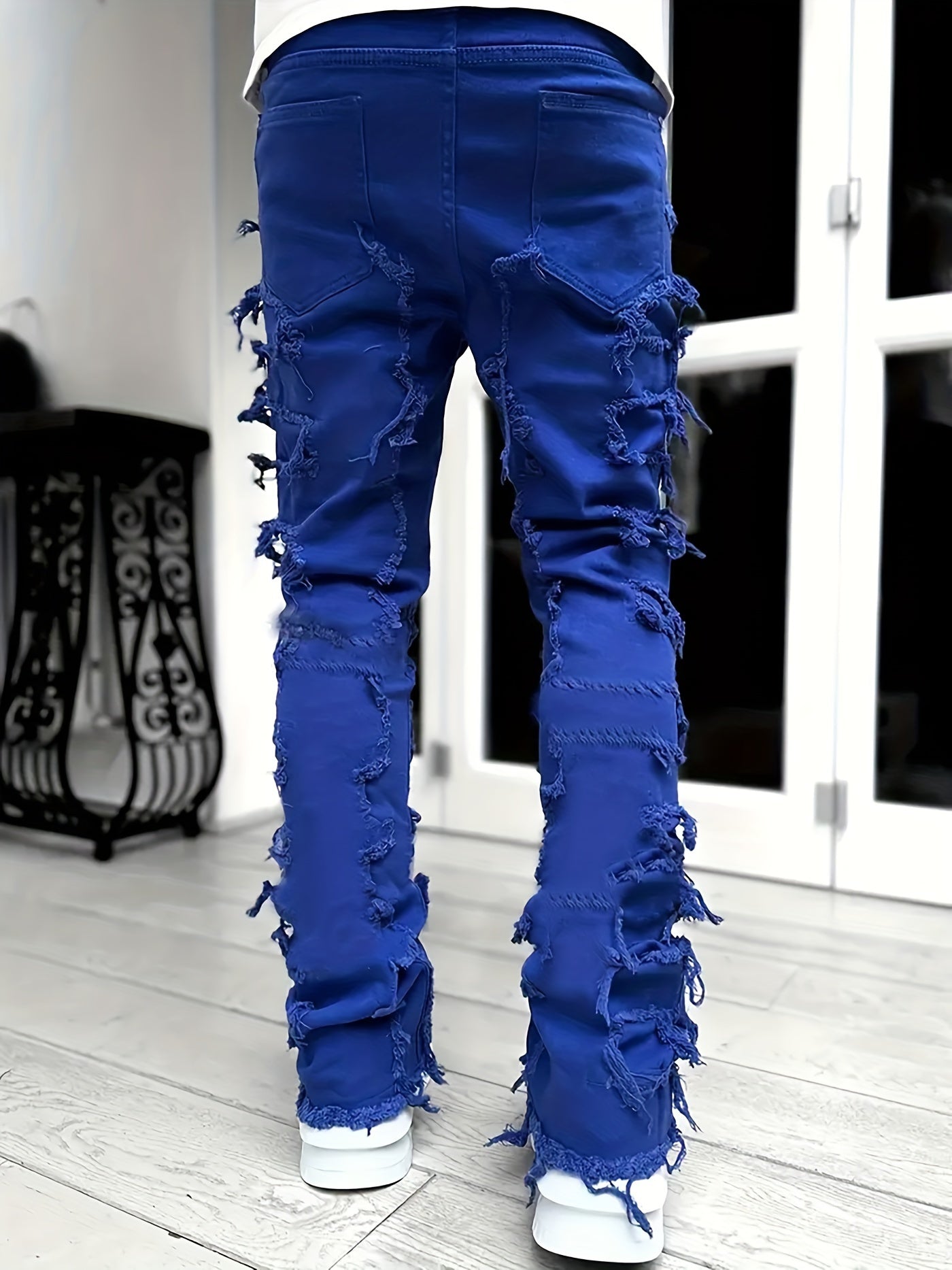 Creative Raw Trim Jeans, Men's Casual Street Style Medium Stretch Denim Pants