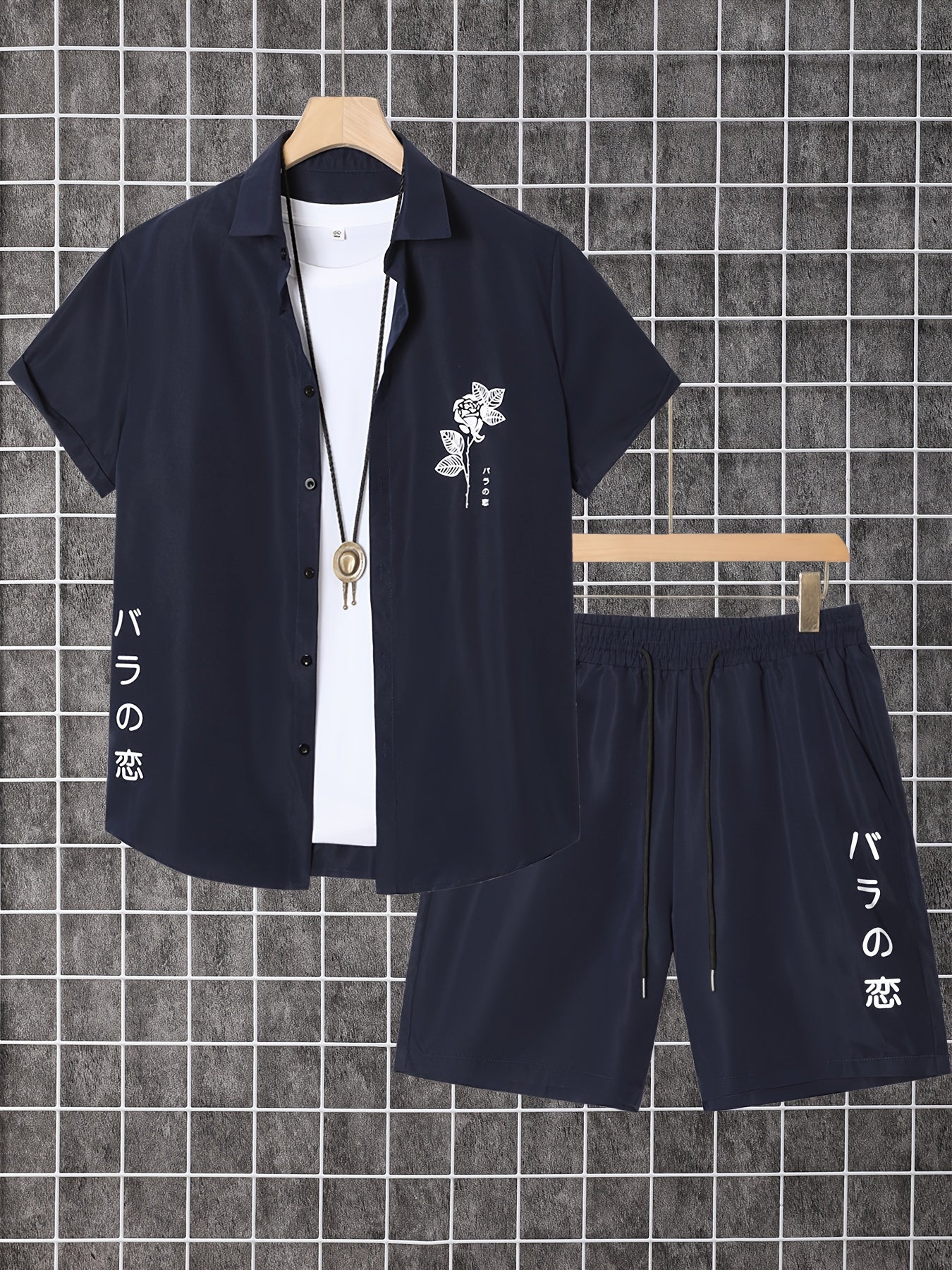 Men'S 2pcs Summer Set, Casual Print Short Sleeve Button- Shirt and Shorts