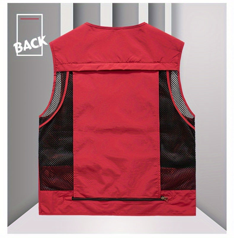 Men's Trendy Zip Up V Neck Vest With Zipper Multi-Pocket