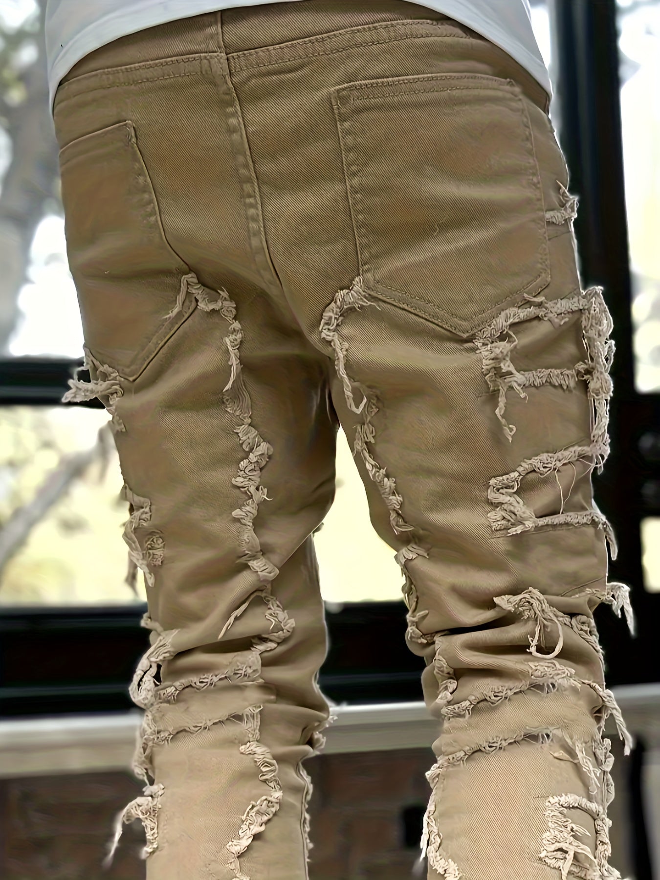 Creative Raw Trim Jeans, Men's Casual Street Style Medium Stretch Denim Pants